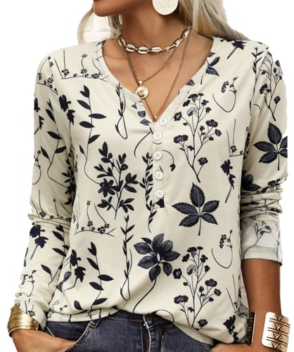 GRMLRPT T-Shirt col V Blouses à Manches Longues pour Femmes Imprimé Tunique Tops Lâche Chemisier T-Shirts pour Femmes Sweat-Shirt Tuniques Basiques Haut Automne(Multicolore,S)