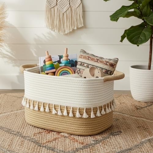 TeoKJ Aufbewahrungskorb, Korb geflochten mit Henkeln, vielseitiger Korb Aufbewahrung für Wäsche, Decken & Spielzeug, dekorativer Basket für Wohnzimmer, Schlafzimmer, Bad & Kinderzimmer Weiß&Jute