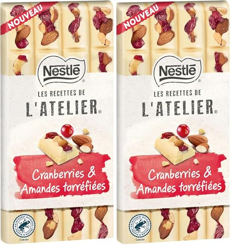 Nestlé Les Recettes de L'Atelier - Tablette Chocolat Blanc Cranberries Amandes - 150g (Lot de 2)