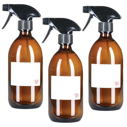 TEC 500ml Amber Glass Spray Bottles 65% Recycled UK Made Mist or Jet | Brown for Cleaning and Hair Water Oil Gardening Mist Essential Oils Recyclable with Labels Wrapped in Sustainable Paper