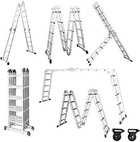 Froadp 580cm Aluminum Mehrzweckleitern, 4x5 Stufen Gerüst Leiter, Ausziehbar Treppenleiter mit 2 Arbeitsplattform, Klappbare Stehleiter, Arbeitsbühne Schiebeleiter für Haus, Werkstatt(Schwarz)