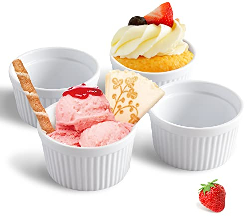 Cinf 4 Stück Creme Brulee Schälchen Soufflé Förmchen Auflaufförmchen Porzellan 414ml für Creme Brulee Schälchen Förmchen Muffins Cupcakes Schüssel Backofenfest Weiß