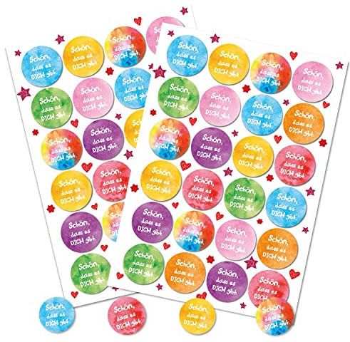 Spruchaufkleber, 48er Set: Runde Sticker mit Sprüchen, Aufkleber Rund, Spruch Schön Dass Es Dich Gibt, Geschenkaufkleber Sprüche, Zum Aufkleben, Erwachsene & Kinder, Geschenk Freundschaft, ⌀ 4 cm