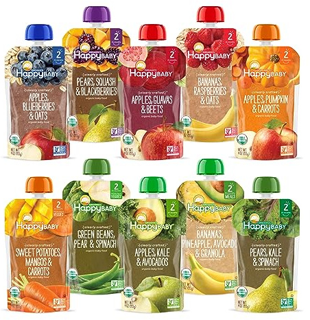 Happy Baby Organics Stage 2 Baby Food Pouches, Gluten Free, Vegan & Healthy Snack, Clearly Crafted Fruit & Veggie Puree, Fruit & Veggie Variety Pack, 4 Ounces (Pack of 10), Amazon Exclusive
