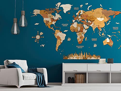 68travel Hölzerne Weltkarte Wanddekoration - mehrschichtig, gebeiztes Holz, eingravierte Namen - einzigartiger 3D-Effekt - für Wohnzimmer, Büro und Schlafzimmer MEGA (300x175 cm)