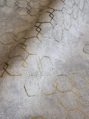 NEWROOM Tapete Grau Vliestapete Leicht Glänzend - Mustertapete Modern Gold Hexagon Sechsecke Metalic Grafisch Industrial inkl. Tapezier-Ratgeber