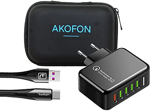 Cargador rápido 36w USB,Quick Charge 3.0 Cargador USB de Pared 5 Puertos de Cargador Móvil Rápido Cable 3.0 para Xiaomi, Xr/Xs/X/8Plus/ 8, Samsung Galaxy S10/S9/S8+Huawei Akofon (Black)