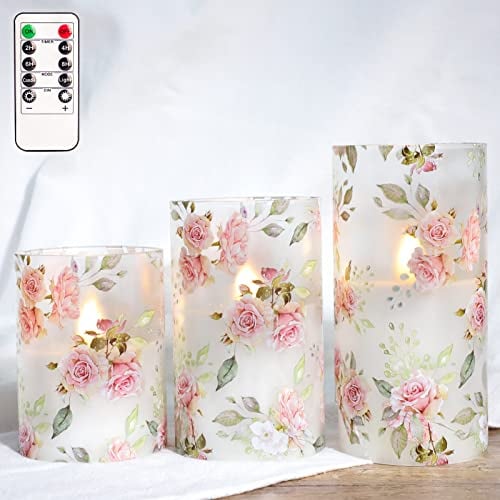 MELTONE Rose Flameless Candles Love Theme Glass Pink LED Candles with Remote - Home Wedding Bedroom Botanical Room Christmas Decor - Set of 3