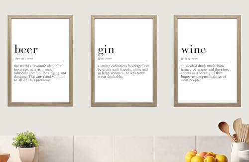 Beer Wine Gin Quote set of 3 Unframed Prints, Kitchen Home Wall Art Decor, Funny Alcohol Definition Kitchen Poster (A3)