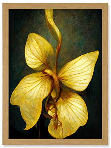 Doppelganger33 LTD Single Detailed Golden Yellow Orchid Flower Artwork Framed Wall Art Print A4