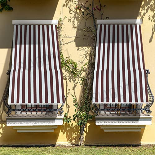 Toldo de sombreo casa Oficina con Kit Ganchos Anillas Tejido Resistente antidesgarros para Exterior Porche balcón Puerta Ventana jardín cenador Lavable Color marrón Blanco a Rayas 145 x 250 cm (2)