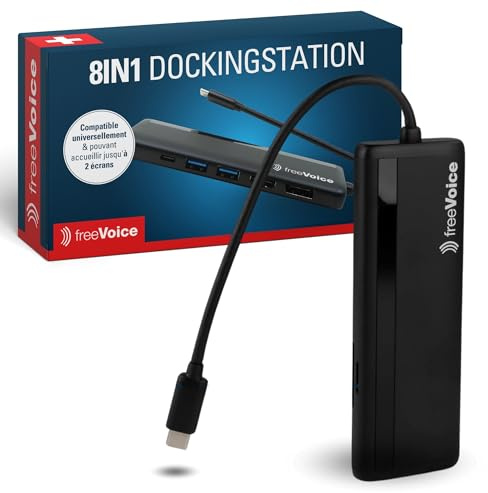 freeVoice Docking Station 8in1 I USB-C Dockingstation 100 Watt I Multiport Adapter für HDMI, DisplayPort, USB-A/C, RJ45, SD & TF I Laptop Docking Station Dual Monitor I 8k Auflösung