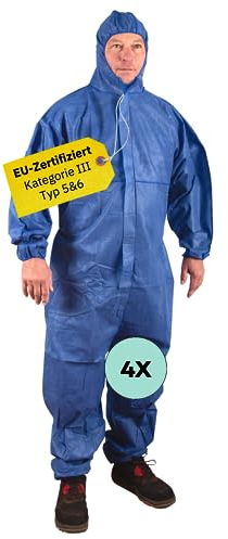 AWOTEX 4 Stk. Einweg-Overall XXL Kategorie III Typ 5 & 6 in blau I Schutzanzug Einweg I Maleranzug Einweg spritzdicht I Einweg Schutzanzug I Arbeits-Overall Herren & Damen I Ganzkörperanzug