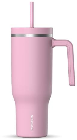 Hydrapeak Voyager - Vaso de acero inoxidable de 40 onzas con asa, botella de agua aislada con popote y tapa, apta para portavasos, taza de viaje reutilizable (algodón rosa)