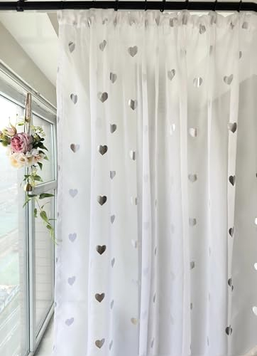 Devola Gardine mit Glanzdruck Transparent Vorhänge Voile Gardinenschal Wohnzimmer Gardinen Sterne Kinderzimmer Schiebevorhänge Modern HxB 145x140cm Herzmuster mit Kräuselband 1 Stück