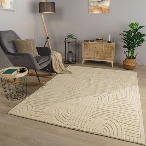 TT Home Wohnzimmer Teppich Esszimmer Kurzflor Geometrische Optik Skandi Boho Unifarben, Farbe:Helltaupe Beige Creme, Größe:80x150 cm