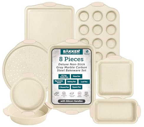 BAKKENMASTER Deluxe 8-Piece Carbon Steel Bakeware Set - Nonstick White Marble Coating, Silicone Handles - Professional Quality Kitchen Oven Baking Pans