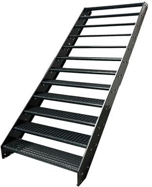 Kaminbau Mierzwa Premium Stahl Treppe komplett Anthrazit RAL 7016/12 Stufen (Breite 1400 mm) (Höhe 228 cm) Wetterfest Gitterroststufe Gartentreppe