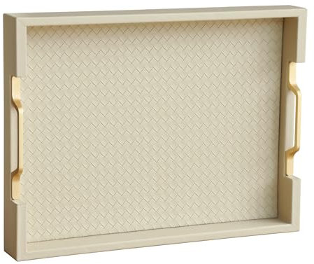 HofferRuffer Faux Leather Rectangle Serving Tray Decor Platter with Gold Metal Handles for Coffee Table, Breakfast, Tea, Food, Countertop, Kitchen, Butler Tray, 16.2 x 12.2 x 2 inches (Cream White)