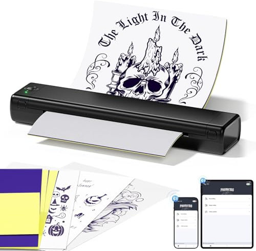Itari M08F Tattoo Drucker, Thermodrucker Tattoo für A4 Papier mit 10pcs Tattoo Papier, Tattoo Printer Tattoo Stencil Drucker Bluetooth mit IPad & Phone & PC, Ganz Schwarz