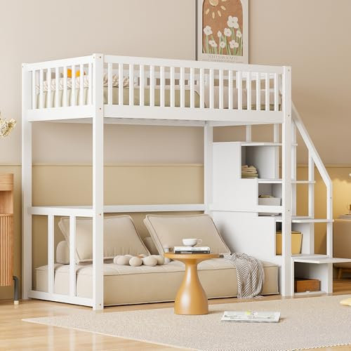 ZYLOYAL10 Hochbett 90x200 mit Sicherheits-Aufbewahrungsleiter, Bettgestell aus massivem Kiefernholz für Kinder und Jugendliche (Weiß)