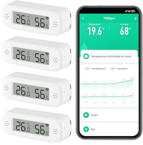 Smart Digitalthermometer Hygrometer, WiFi Innenraum Temperatur und Feuchtigkeitssensor mit App Benachrichtigungen, Mini Raumtemperaturmessgerät mit Datenspeicherung und export, kompatibel Alexa.4PCS