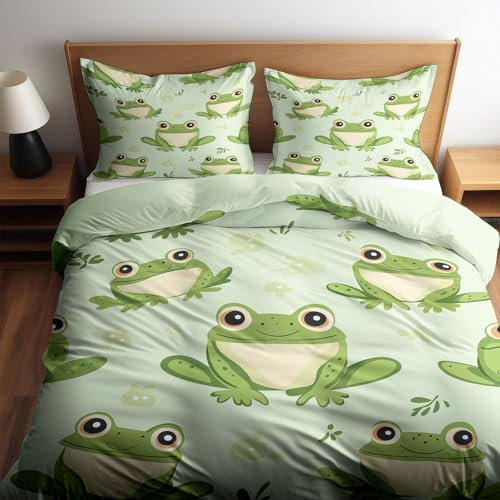 CozyRest Premium Bettwäsche Set 135 x 200 cm 3teilig Hellgrün Cartoon-Frosch Weich & bügelfrei Bettbezüge mit Reißverschluss Antiallergisch Atmungsaktiv Bettwäsche Set mit 2 Kissenbezüge 80cm x 80cm