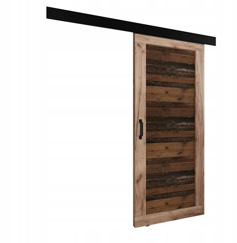 KIER FURNITURE Schiebetür Komplettset - Tür mit Laufschiene - Schiebetürsystem - Raumspartür - Innentüren - Sliding Door Set - Links & Rechts - Eiche Craft & Old Style - Breite 96 cm