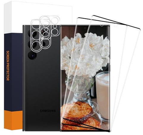 Cable Leader 2 Pack Verre Trempé pour Samsung S22 Ultra 5G, +2 Caméra Protecteur, Haute Sensibilité, 3D plein écran vitre protection, Dureté 9H, Transparent HD Samsung S22 Ultra protection écran