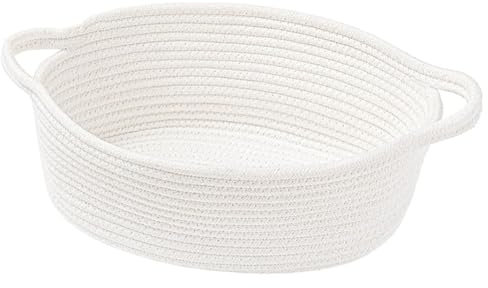 Small Basket, Woven Rattan Boxesrope Toy Baby Storage Organiser Bathroom for Makeup Cupboard Drawer Closet Shelf (White)