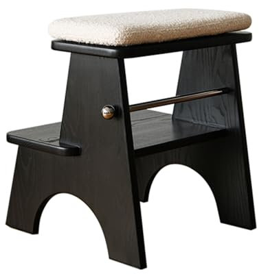 JIAYING Wooden 2 Step Stool With Removable Washable Cushion, Plant Stand 2-step Ladder Ash Wood Coffee Table Stepping Stool ladder stool, Stainless Steel Bookends(Black)