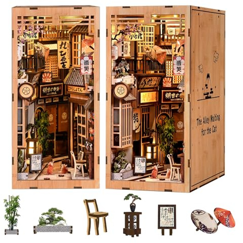 STRUCWOOD Book Nook Japan, DlY Miniaturhaus-Bausatz für Erwachsene, Puppenhaus-Bausatz 3D-Holzpuzzle mit LED-Licht, japanische Deko Geschenke für Familie und Freunde - The Alley Waiting for the Cat