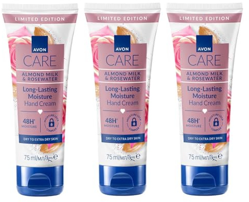 3 x Avon Hand Creams for hands nails and cuticles 75ml (3 x 75ml, Almond Milk & Rosewater)