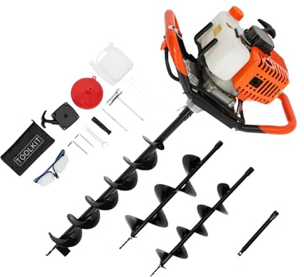 LENJKYYO Tarière thermique, tariere pour perceuse 52cc avec 3 forets (10/15/20 cm) + rallonge, Tariere 1,7 kW 2,3 CV, Mèche tarière simple feuille, Outil creuser trou terre pour clôture plantation