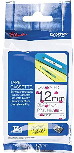 Brother TZe-MPPH31 Labelling Tape Cassette, Black on Pink Hearts, 12 mm (W) x 4 m (L), Laminated, Brother Genuine Supplies