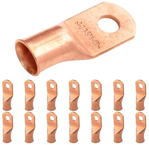 SELTERM 2/0 AWG (70 mm²) - 5/16 (M8) ⌀ Hole UL Heavy Duty Wire Lugs, Battery Cable Ends, Bare Copper Eyelets, Tubular Ring Terminal Connectors [B77] - 15 Pack