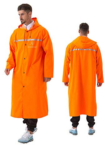 iOutdoor Products Premium Regenponcho, 100% Wasserdicht Regenjacke mit Kordelzughauben/Reißverschluss/Knopf/Reflexstreifen/Aufbewahrungstasche, Weich, Abriebfest, Reißfest, Orange, XL(160-170 CM)