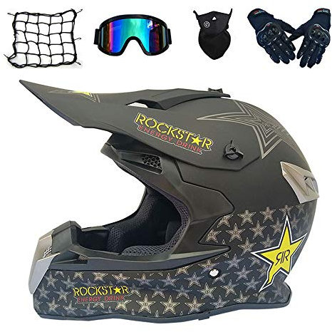 Pro Motocross Helm Herren, Schwarz/ Rockstar, MRDEAR Fullface MTB Helm mit Brille (5 Stück) Pro Motorradhelm Motorrad Crosshelm Mopedhelm für Off Road BMX Downhill Bike Dirt Bike Sicherheit Schutz,XXL