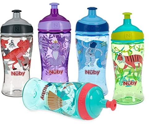 Nuby Printed Kids Pop Up Sipper Water Bottle, Colors May Vary, 1 Pack, 12 Oz., Multi