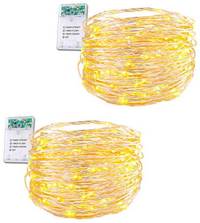 LED Lichterkette Batterie, 50er Kleine Warmweiß Lichterkette, Dekorative Lichterkette mit Timer, für Weihnachten, Urlaub, Festival, Party, Hochzeit, Kinderzimmer, Leicht, Biegbar, 5 Meter, 2er Pack