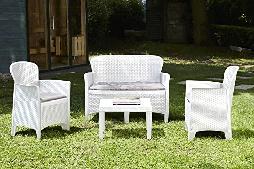 Dmora - Outdoor-Lounge-Set Ostuni, Gartengarnitur mit 2 Sesseln, 1 Sofa und 1 Couchtisch, Sitzecke in Rattan-Optik mit Kissen, 100% Made in Italy, Weiß