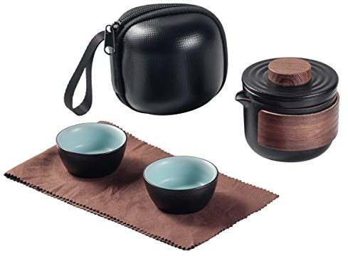 Mini tetera de cerámica de viaje, tetera china de Kung Fu, 1 olla, 2 tazas, tazas de té de porcelana con infusor de té, bolsa portátil para picnic al aire libre (negro)