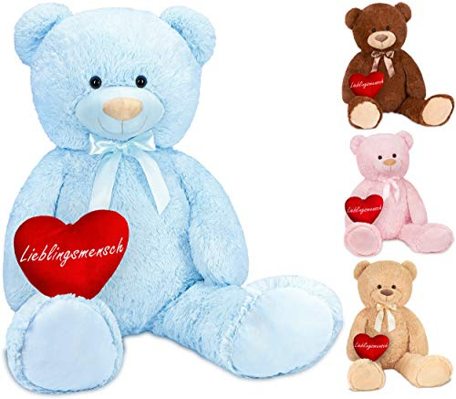 BRUBAKER XXL Teddybär 100 cm Hellblau mit einem Lieblingsmensch Herz Stofftier Plüschtier Kuscheltier