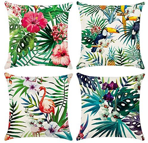 Cushion Covers 45 x 45 cm,Set of 4 pillow cover Cotton and Linen Pillow case Cushion Covers for Sofa garden bed couch cushions(Flower-7)