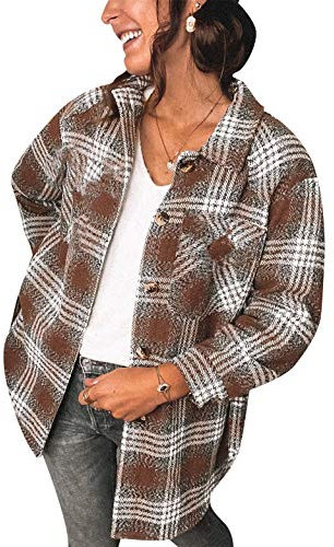 OMZIN Surchemise en Laine Femme Veste a Carreaux Chemise Décontracté Oversized Femme Blouse Chemisie À Carreaux Vestes Casual Blouson Café 3XL