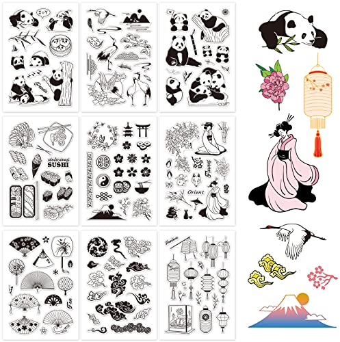 GLOBLELAND 9 Blatt Silikon-Stempel, orientalischer Stil, transparent, für Karten, Dekoration und DIY-Scrapbooking (Panda, rote Krone, Sushi, Geisha, der Fächer, Wolke, die Laterne)