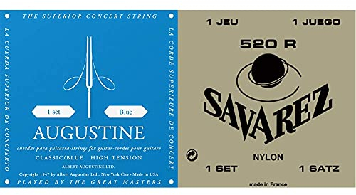 Savarez 520R Saitensatz für klassische Gitarre & Augustine Klassik Gitarrensaiten Blue Label Satz Regular Tension/Basssaiten High Tension