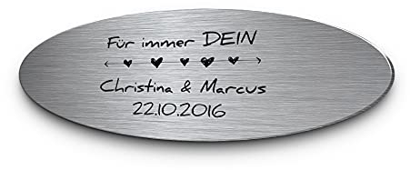 Hochzeitsschild aus Edelstahl oval mit Namen oder Spruch & Herzchen | Wetterfest & viele Motive zB für Hochzeitsbank | Goldene Hochzeit Geschenke zur Silberhochzeit Hochzeitsdeko