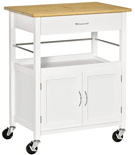 HOMCOM Desserte de Cuisine Multi-rangements - dim. 73L x 50l x 91H cm - poignées métal MDF Blanc Plateau Bois Bambou Verni