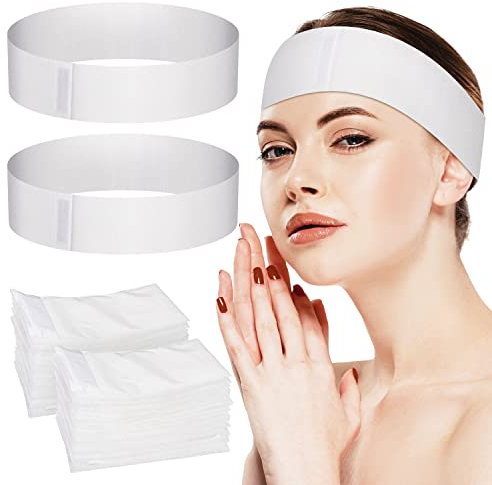 Noverlife 100 STÜCKE Einweg-Spa-Gesichtsstirnbänder, elastisches Stirnband mit verstellbarem Zauberband, Stretch-Vlies-Gesichts-Bandeau, weiches Hautpflege-Stirnband mit praktischem Verschluss
